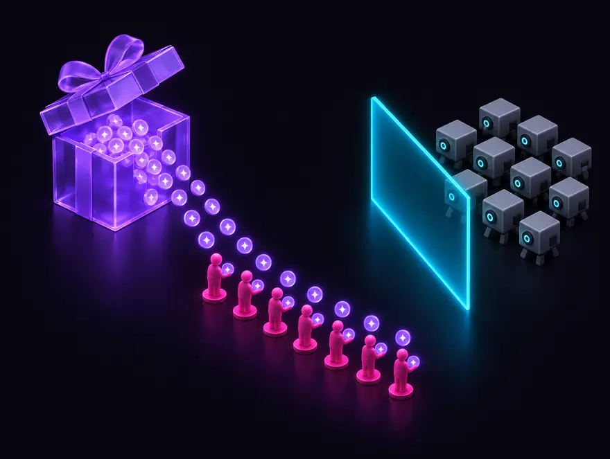 Tokens going to a queue of people while robot boxes are held behind a barrier