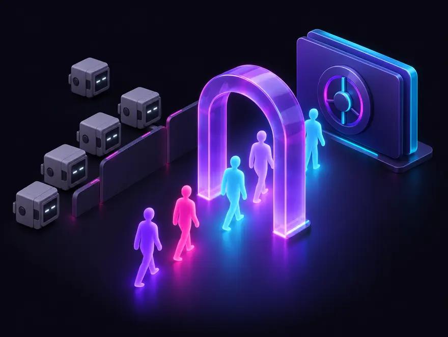 People walking through a glowing gateway while robots are filtered out before a vault