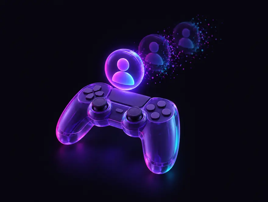 A game controller with one player badge and duplicate badges dissolving