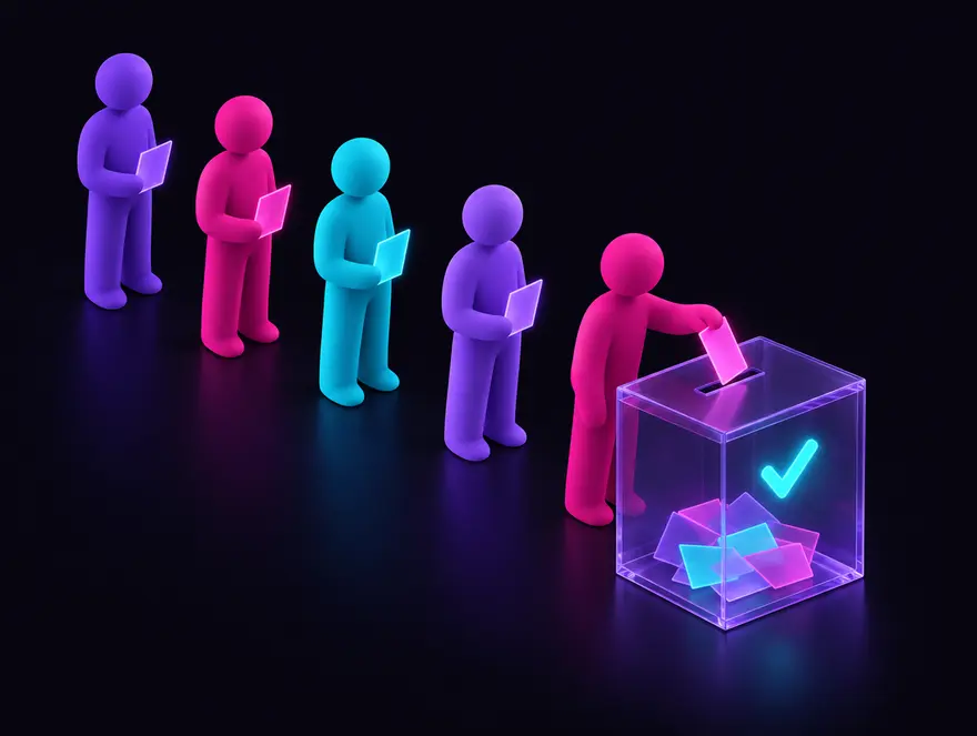 A queue of people casting ballots into a glass box